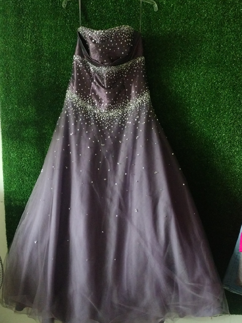 Night Moves Strapless Beaded Ball Gown In Plum